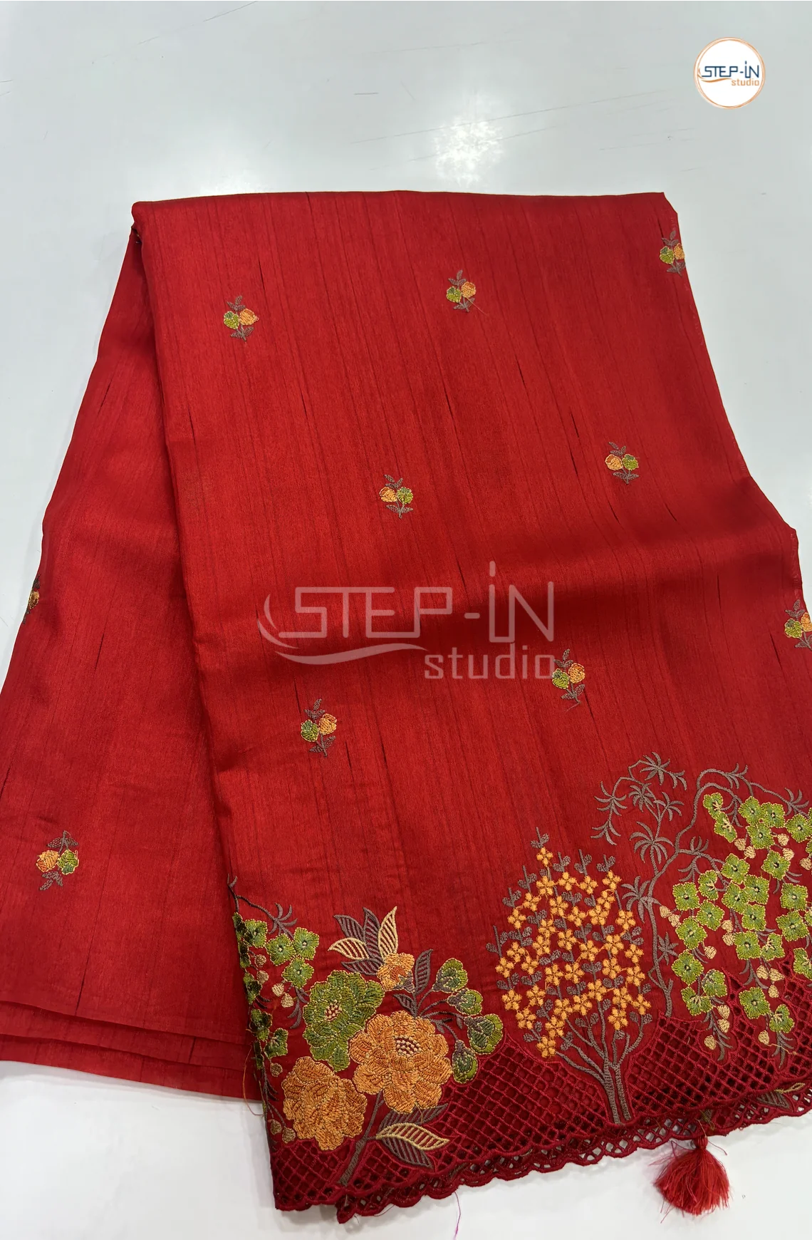 Blended Tussar Saree with Cutwork Border - Red