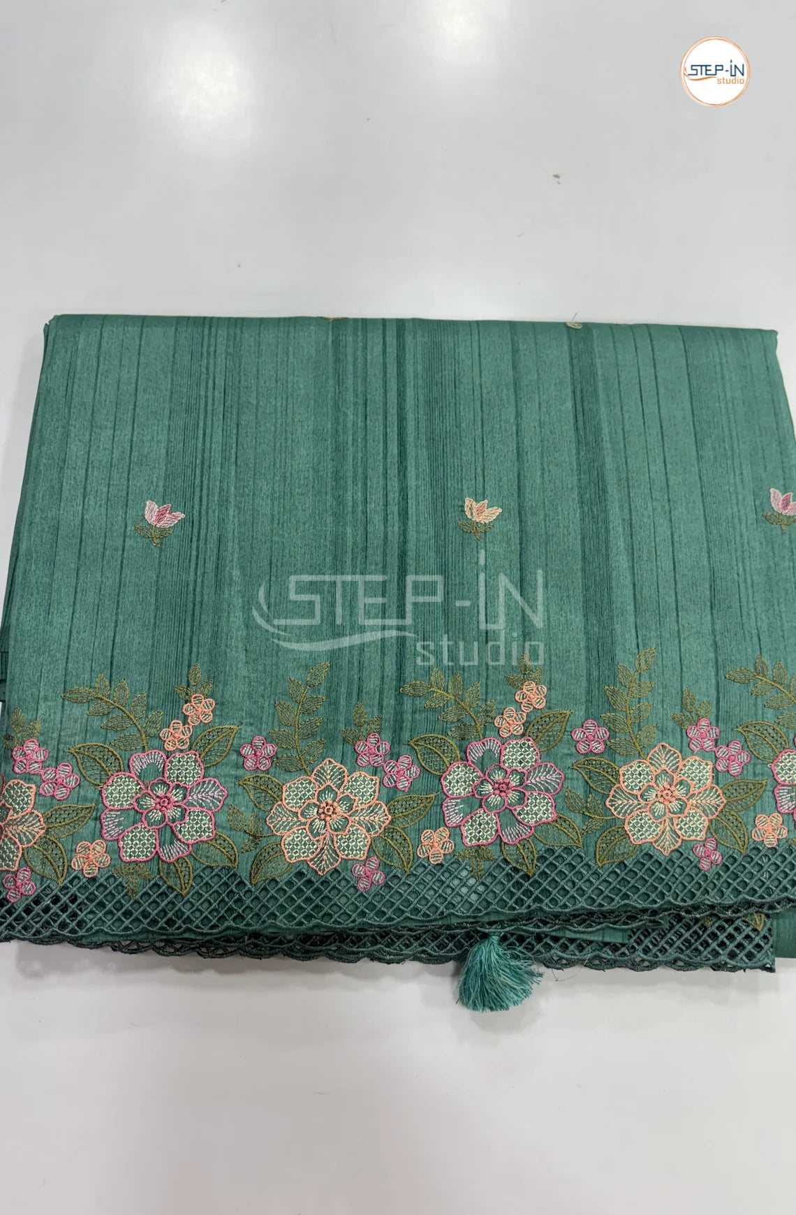 Blended Tussar Saree with Cutwork Border - Rama Green