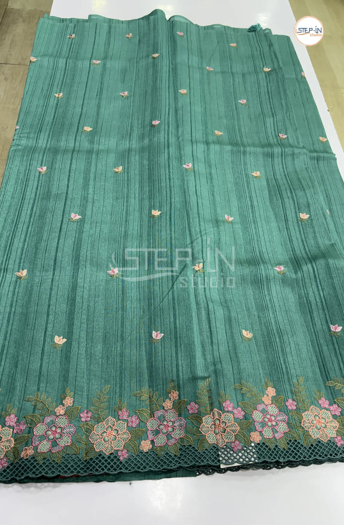 Blended Tussar Saree with Cutwork Border - Rama Green