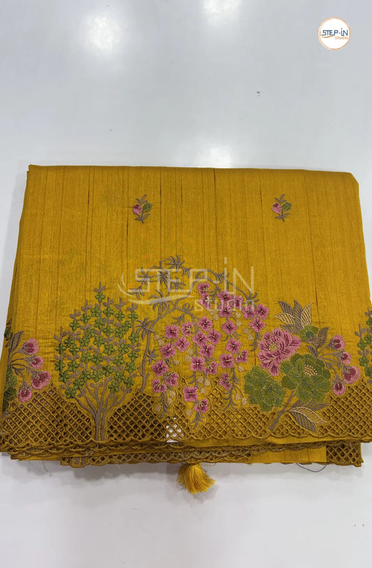 Blended Tussar Saree with Cutwork Border - Yellow