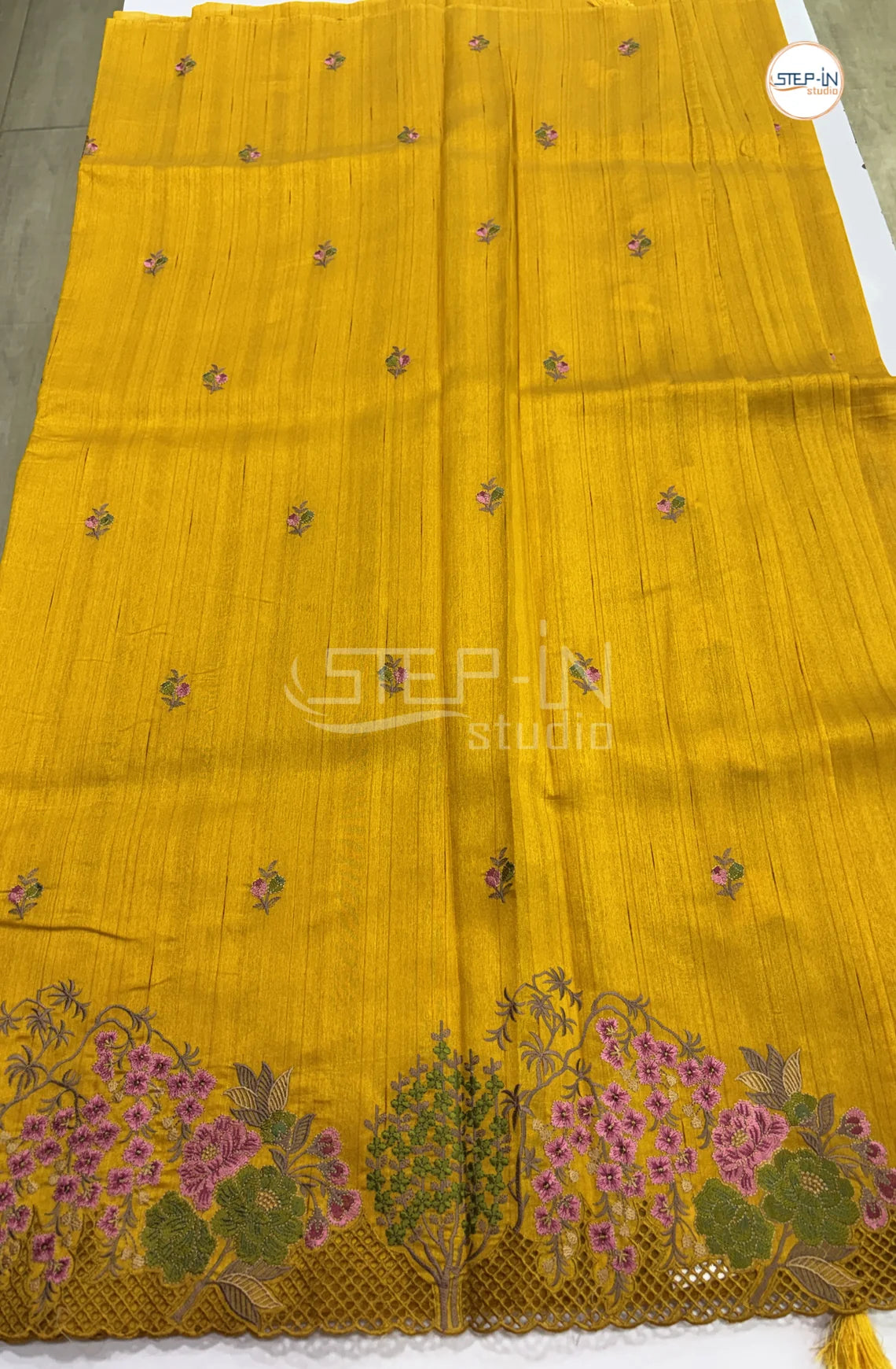 Blended Tussar Saree with Cutwork Border - Yellow