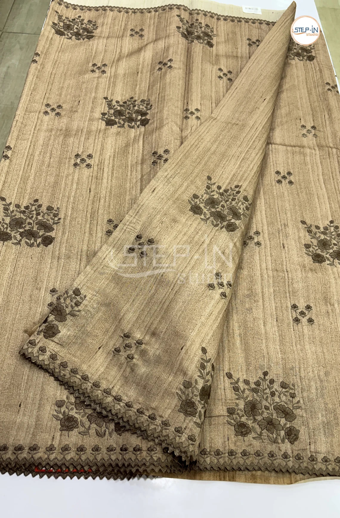 Blended Tussar Saree with Lacework Border - Brown