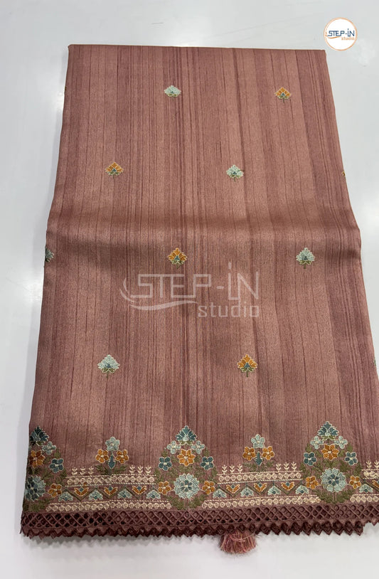 Blended Tussar Saree with Lacework Border - Chocolate Brown