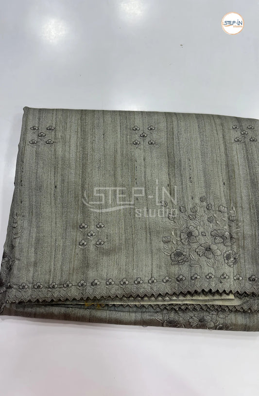 Blended Tussar Saree with Lacework Border - Grey