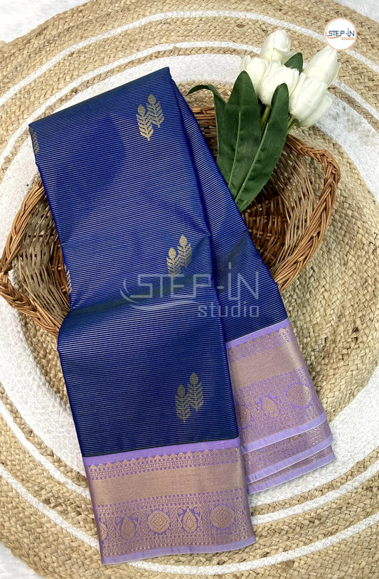 Blue Semi Kanchi Silk Saree With Lavender Contrast Zari Border