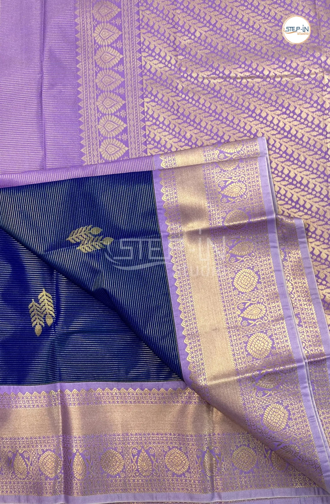 Blue Semi Kanchi Silk Saree With Lavender Contrast Zari Border