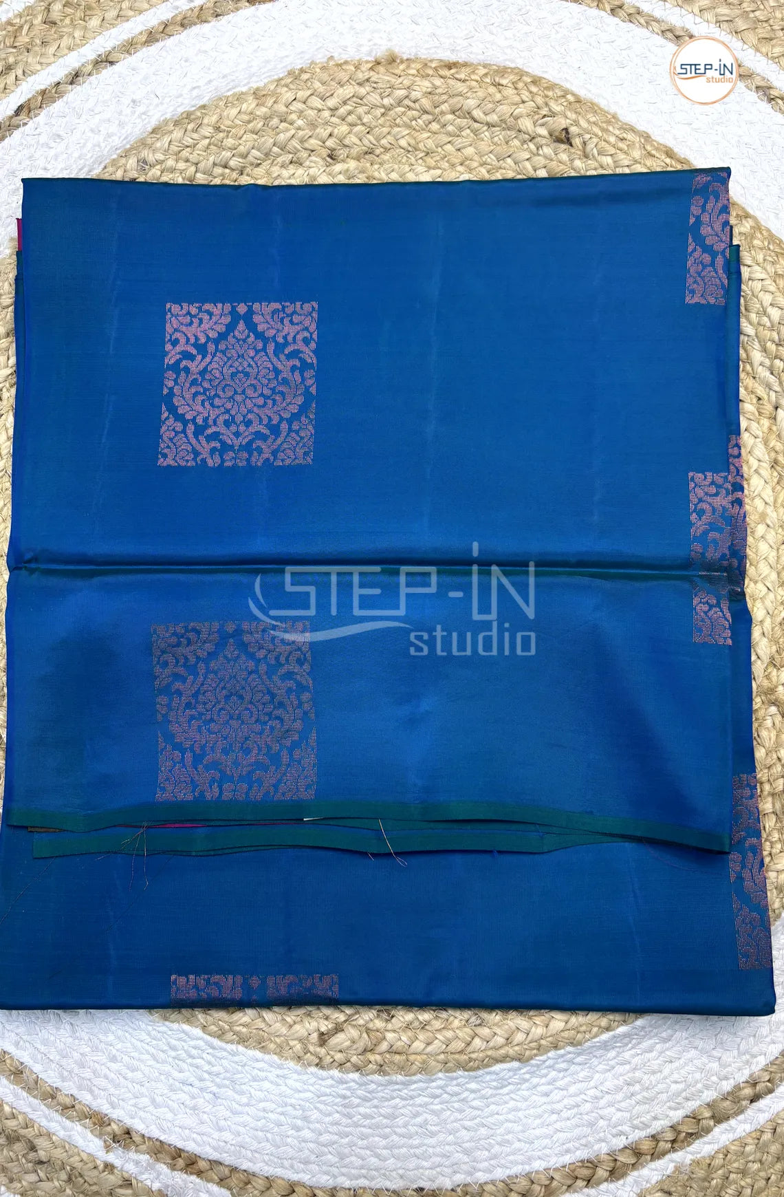 Blue & Rose Pink  Floral Square Design Soft Silk Saree With Contrast Blouse and Plain Border & Design Pallu