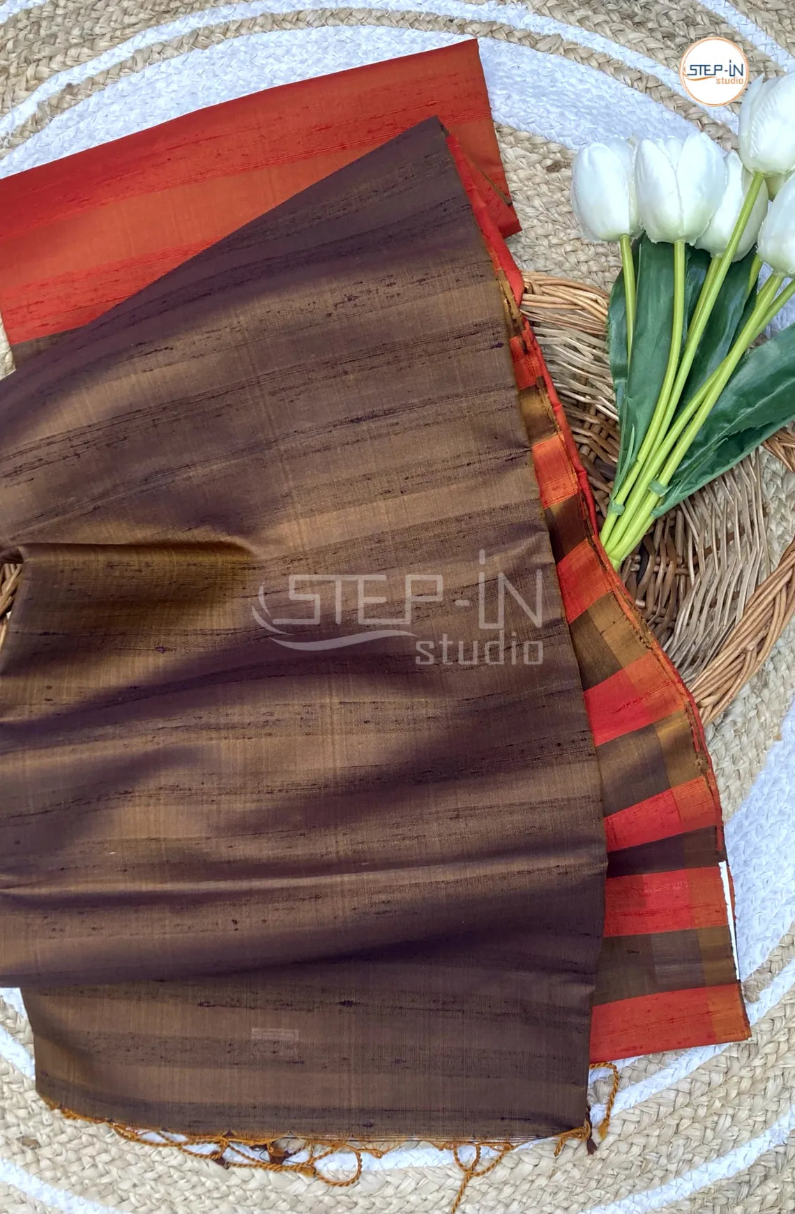 Brown Plain Raw Soft Silk Saree With Contrast Boluse and Pallu