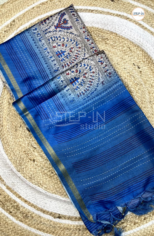 Butter Silk With Kalamkari Varli Printed Saree - Blue