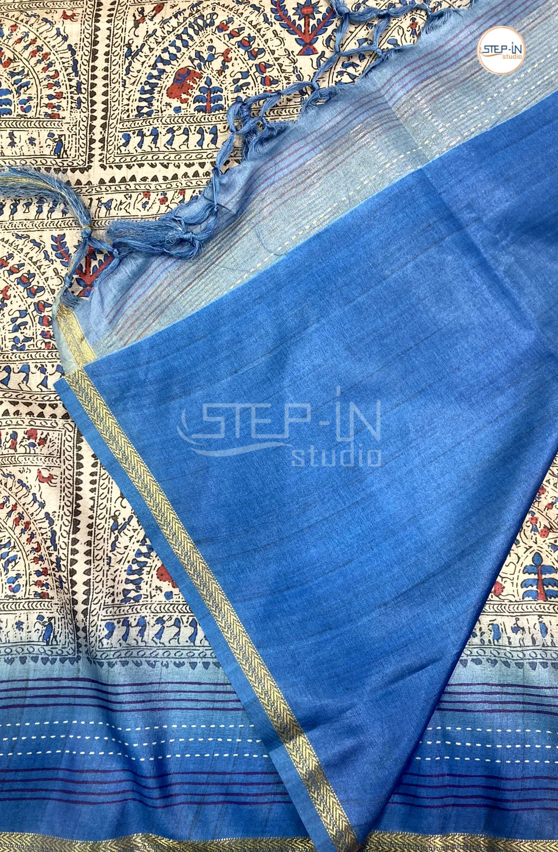 Butter Silk With Kalamkari Varli Printed Saree - Blue