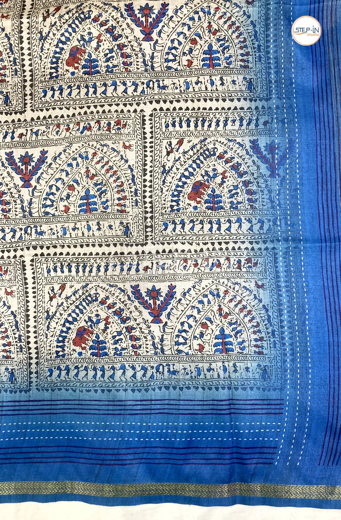 Butter Silk With Kalamkari Varli Printed Saree - Blue