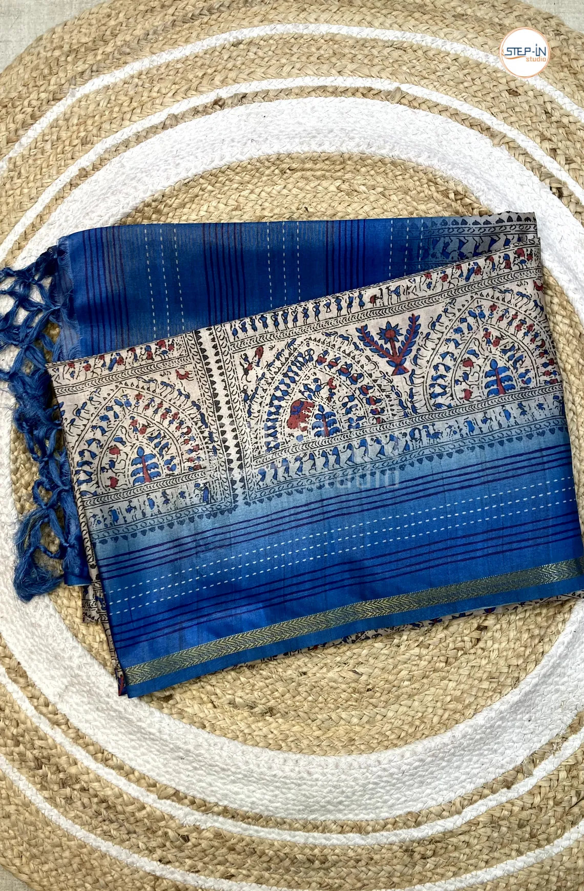 Butter Silk With Kalamkari Varli Printed Saree - Blue