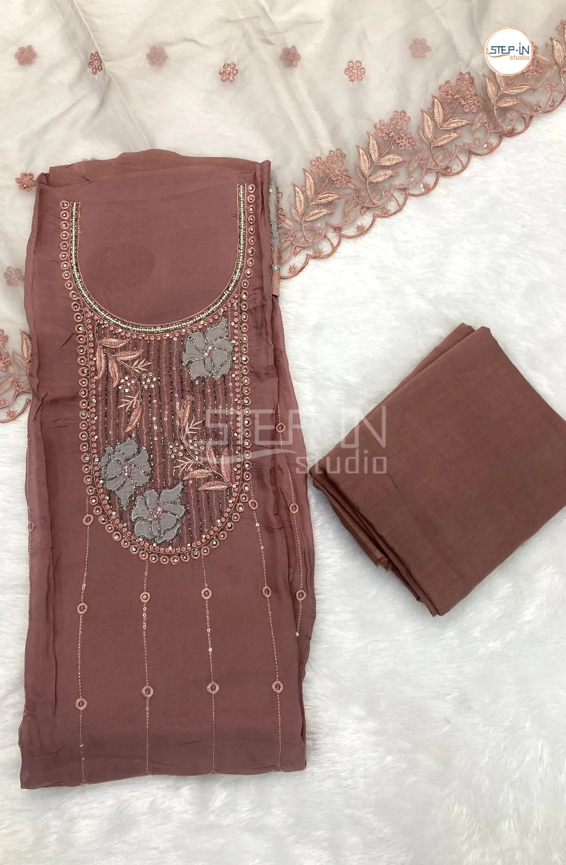 Cameo Pink Georgette Neck Stone Emboriderd Work Unstitched Dress Material