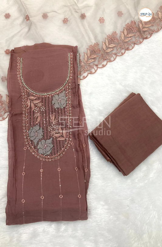 Cameo Pink Georgette Neck Stone Emboriderd Work Unstitched Dress Material