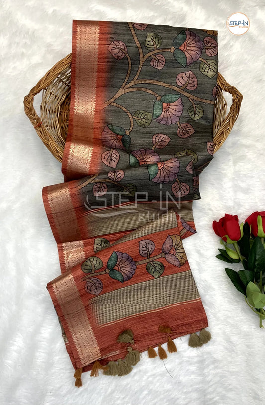 Choco Brown & Rsddish Brown  Kalamkari Print Tussar Saree With Flower Print Contrast Pallu & Zari Border and Contrast Blouse