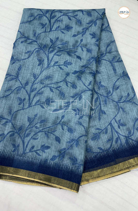 Dailywear Printed Linen Cotton Saree-Blue