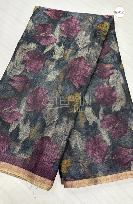 Dailywear Printed Linen Cotton Saree-Dark Grey