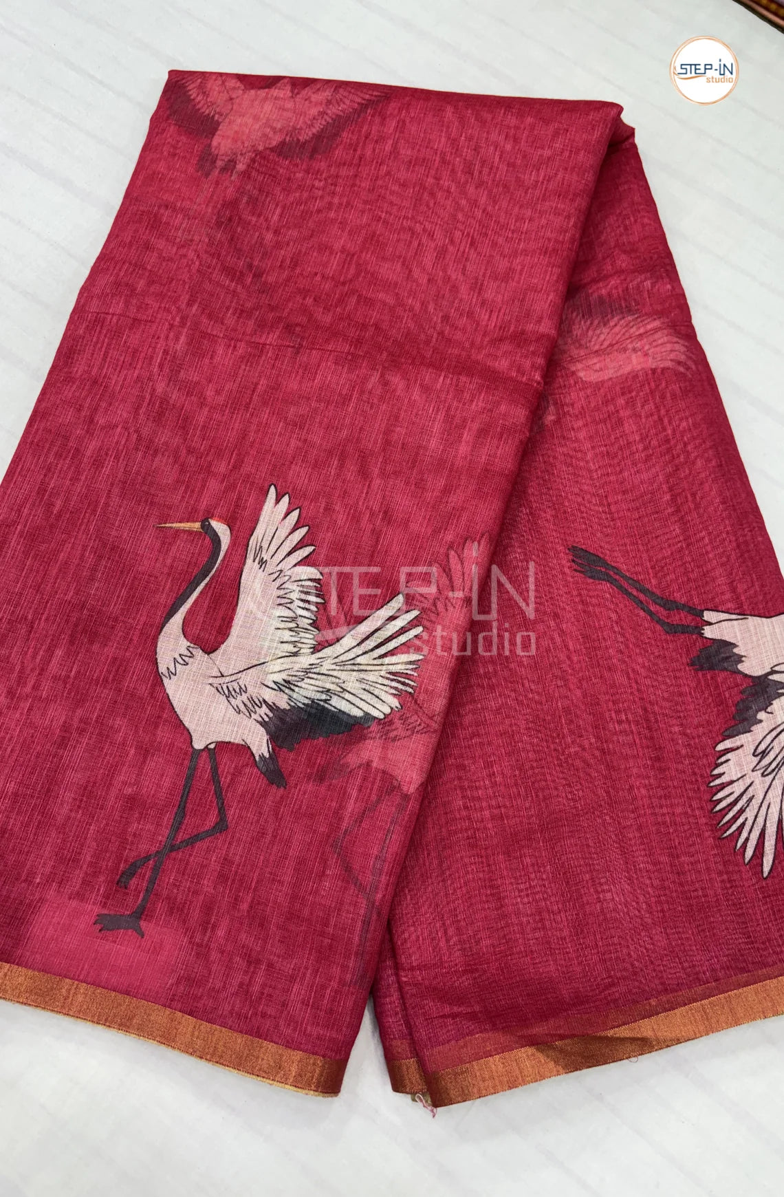 Dailywear Printed Linen Cotton Saree-Dark Pink