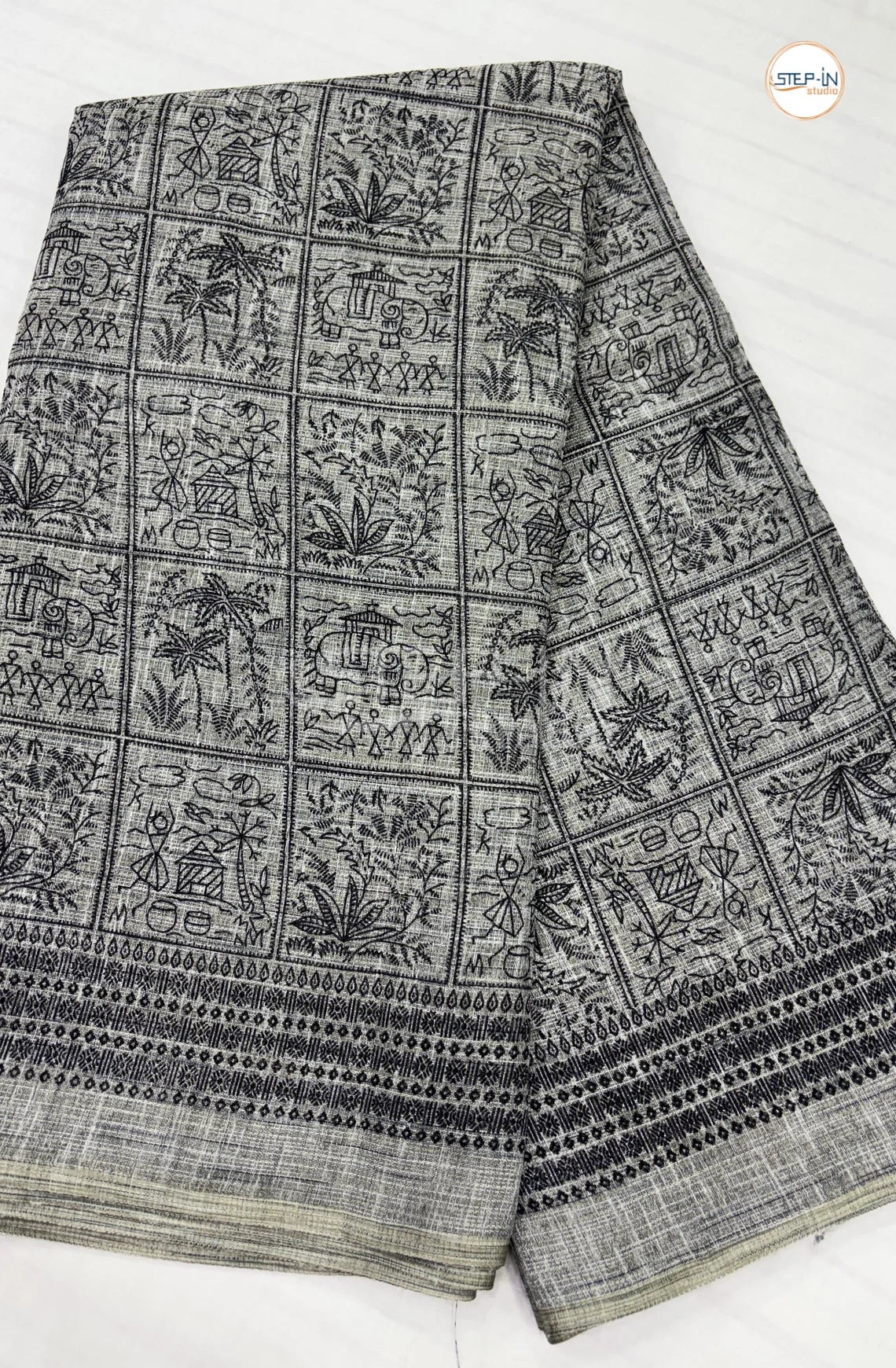 Dailywear Printed Linen Cotton Saree-Grey & Black