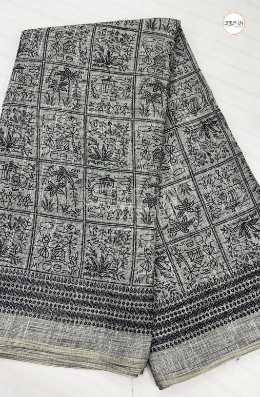 Dailywear Printed Linen Cotton Saree-Grey & Black