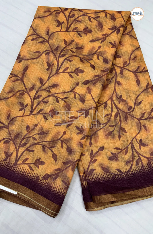 Dailywear Printed Linen Cotton Saree-Light Orange