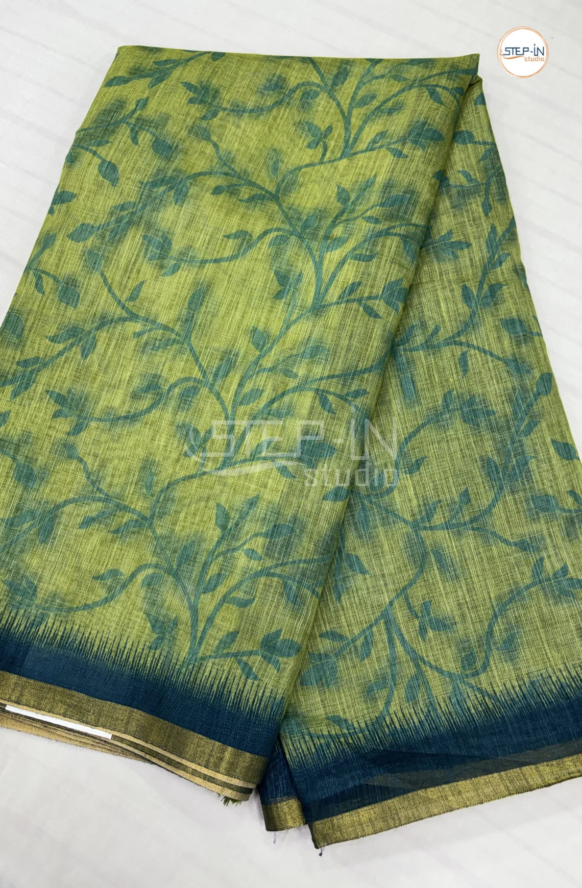 Dailywear Printed Linen Cotton Saree-Lime Green