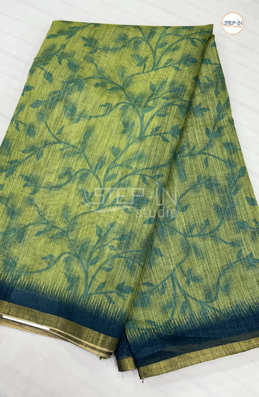 Dailywear Printed Linen Cotton Saree-Lime Green