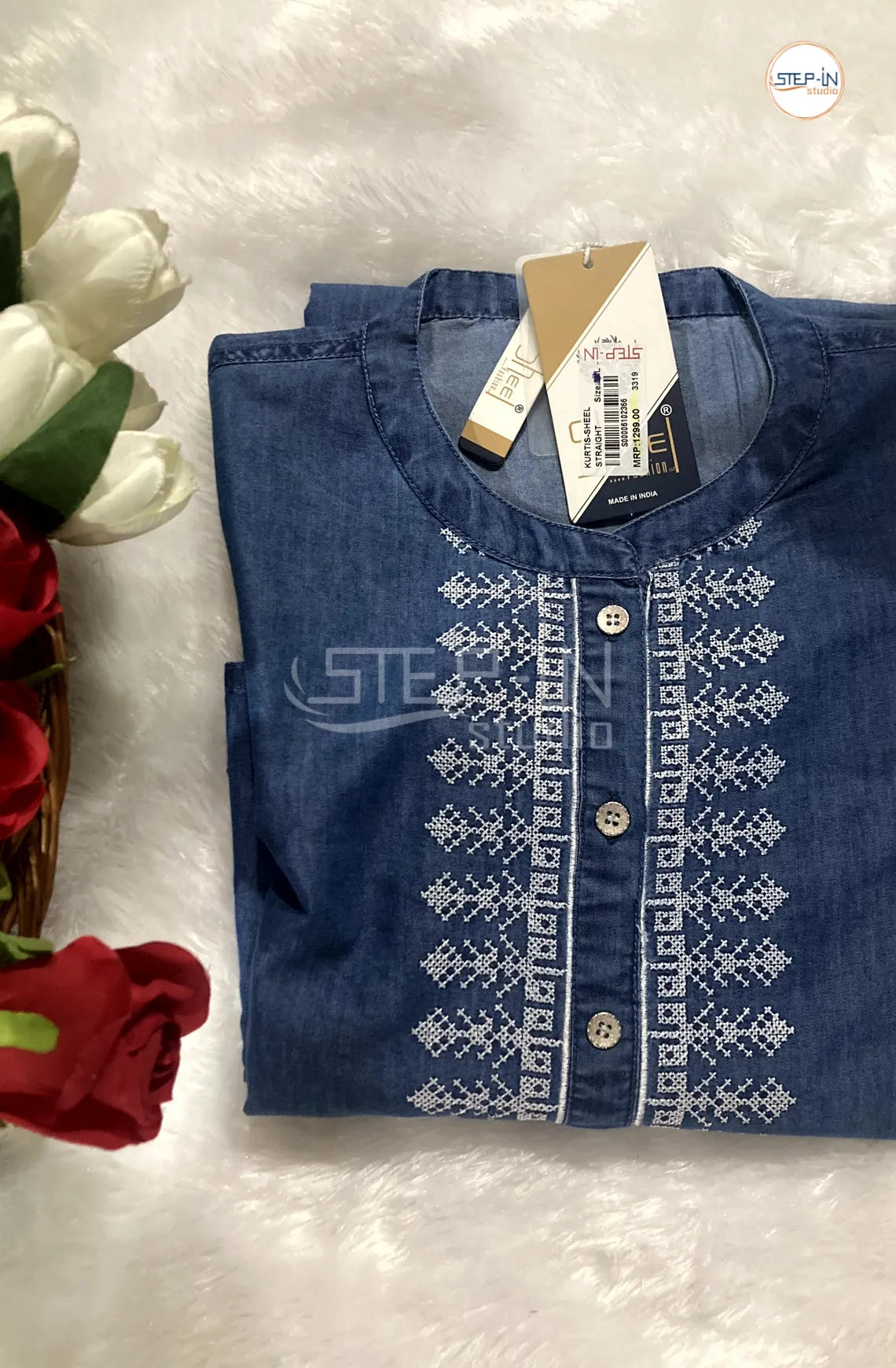 Denim Neck Embroiderd Collor Top - Indigo Blue