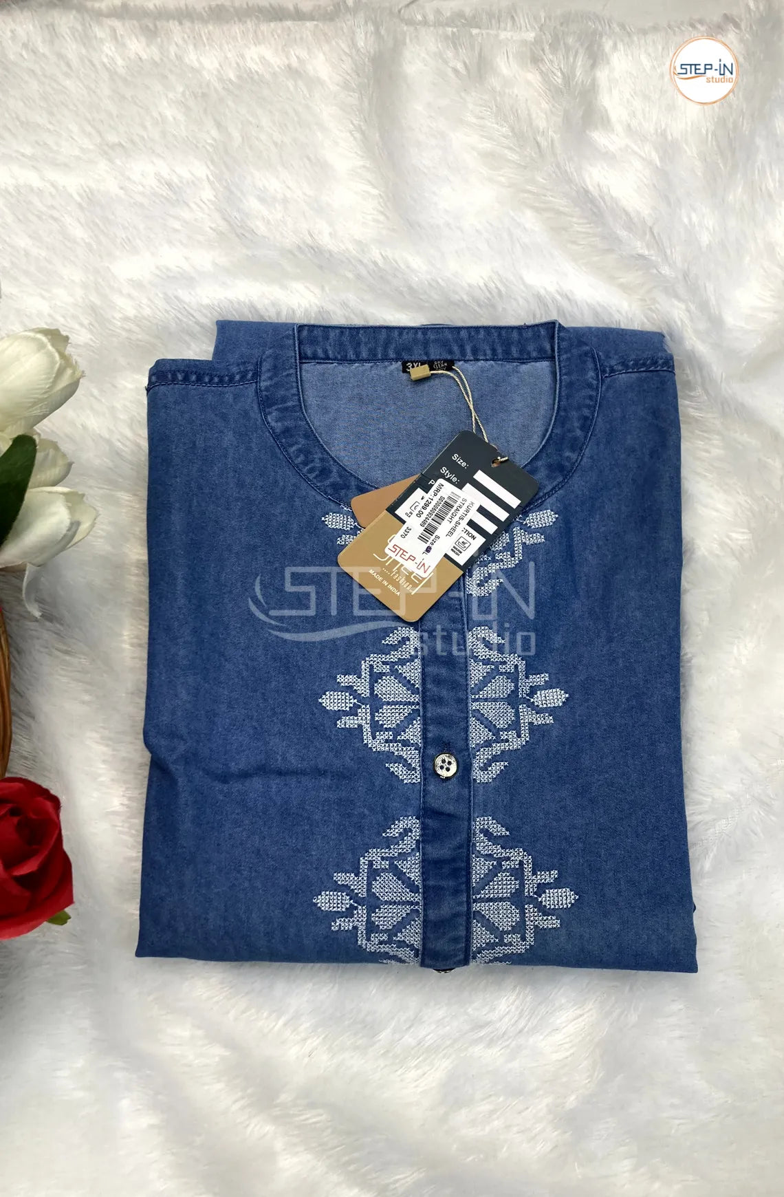 Denim Neck Embroiderd Collor Top - Capri Blue