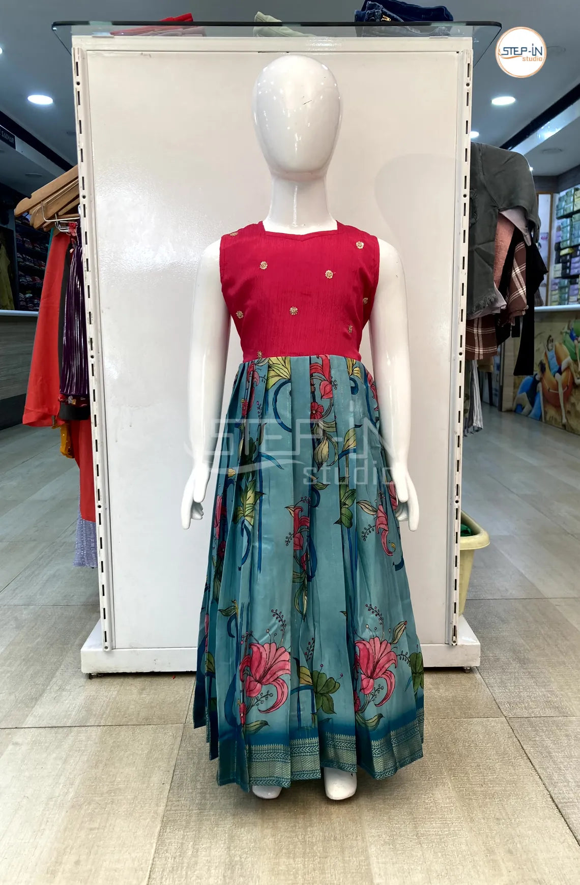 Dupion Gold Embroidery Yolk With Floral Printed Tusser Bottom Girls Frock -Pink & Teal Blue