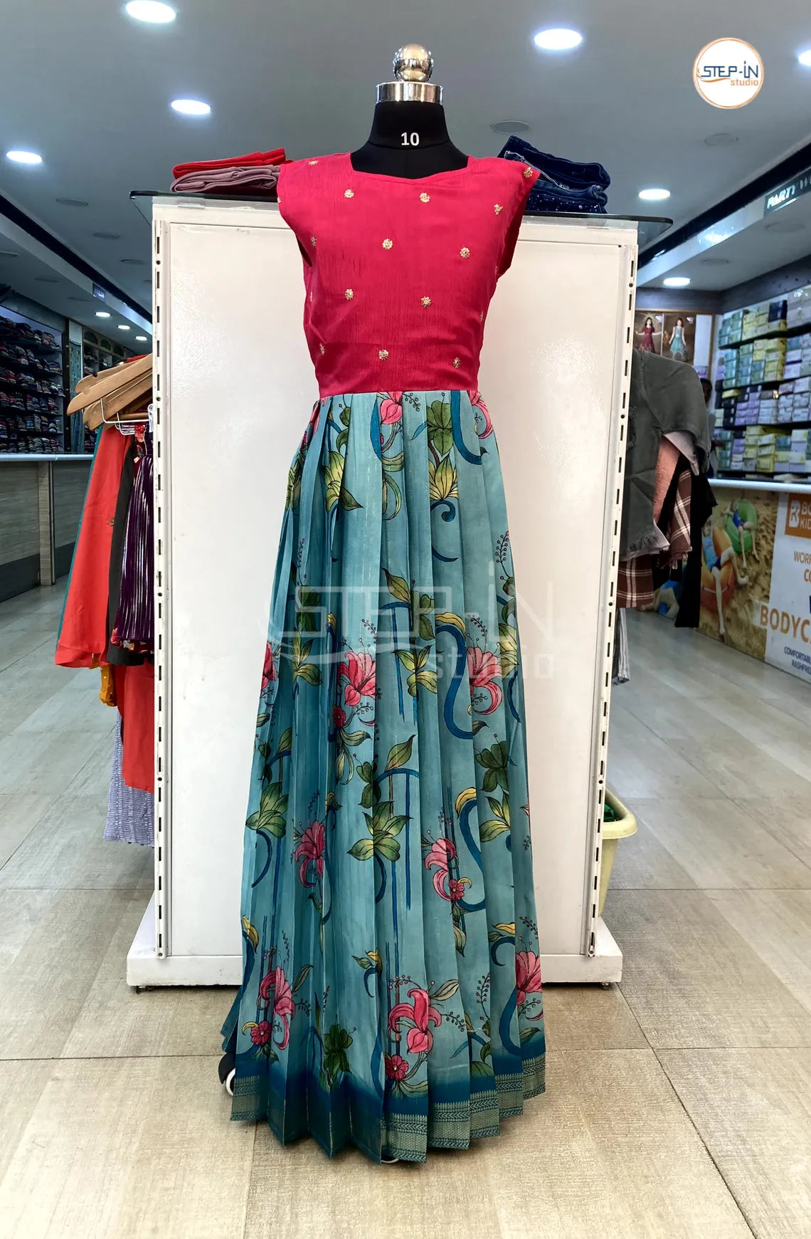 Dupion Gold Embroidery Yolk With Floral Printed Tusser Bottom Girls Frock -Pink & Teal Blue