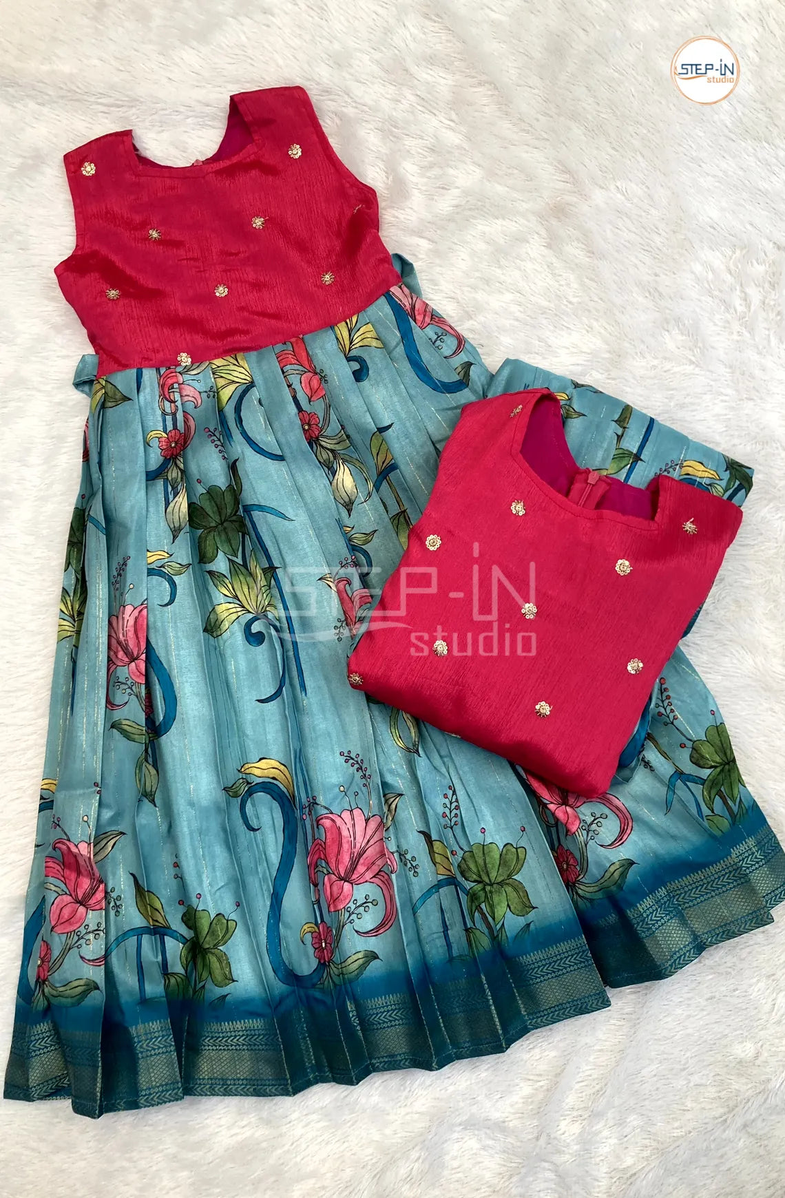 Dupion Gold Embroidery Yolk With Floral Printed Tusser Bottom Girls Frock -Pink & Teal Blue