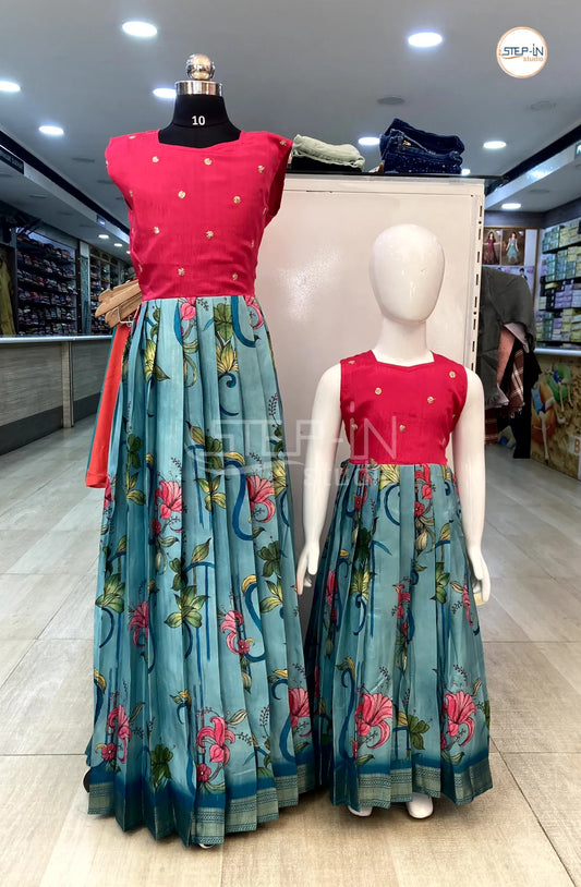 Dupion Gold Embroidery Yolk With Floral Printed Tusser Bottom Girls Frock -Pink & Teal Blue