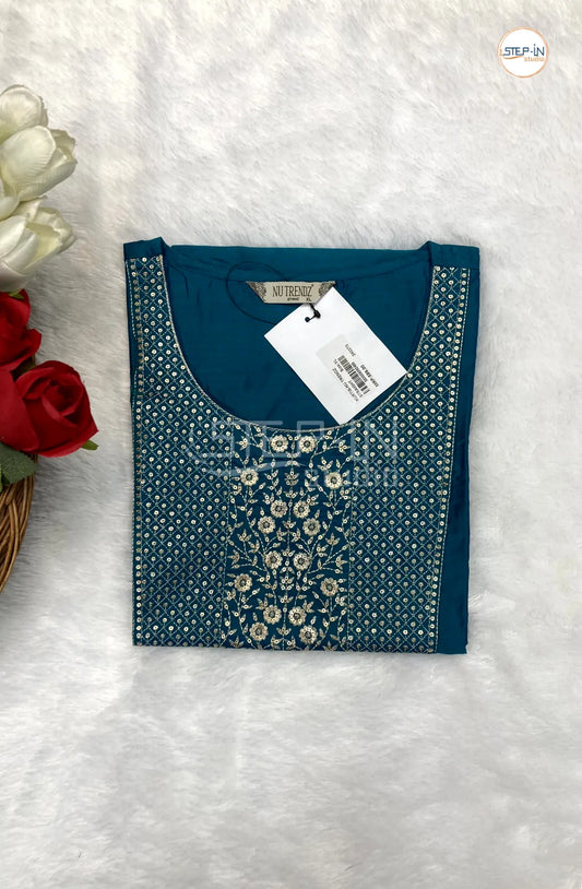 Embellished silk Neck Design kurti - Mallard Blue