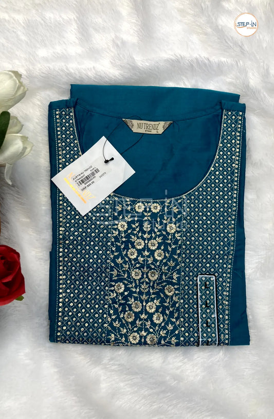 Embellished silk Neck Work kurti -DarkBlue