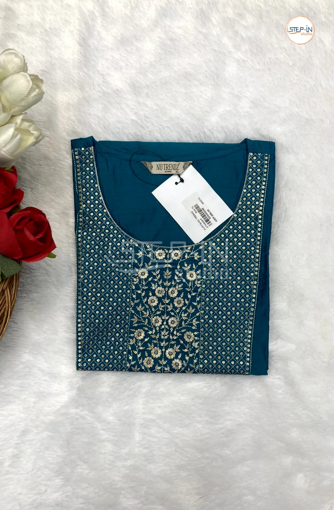 Embellished silk Neck Design kurti - Mallard Blue