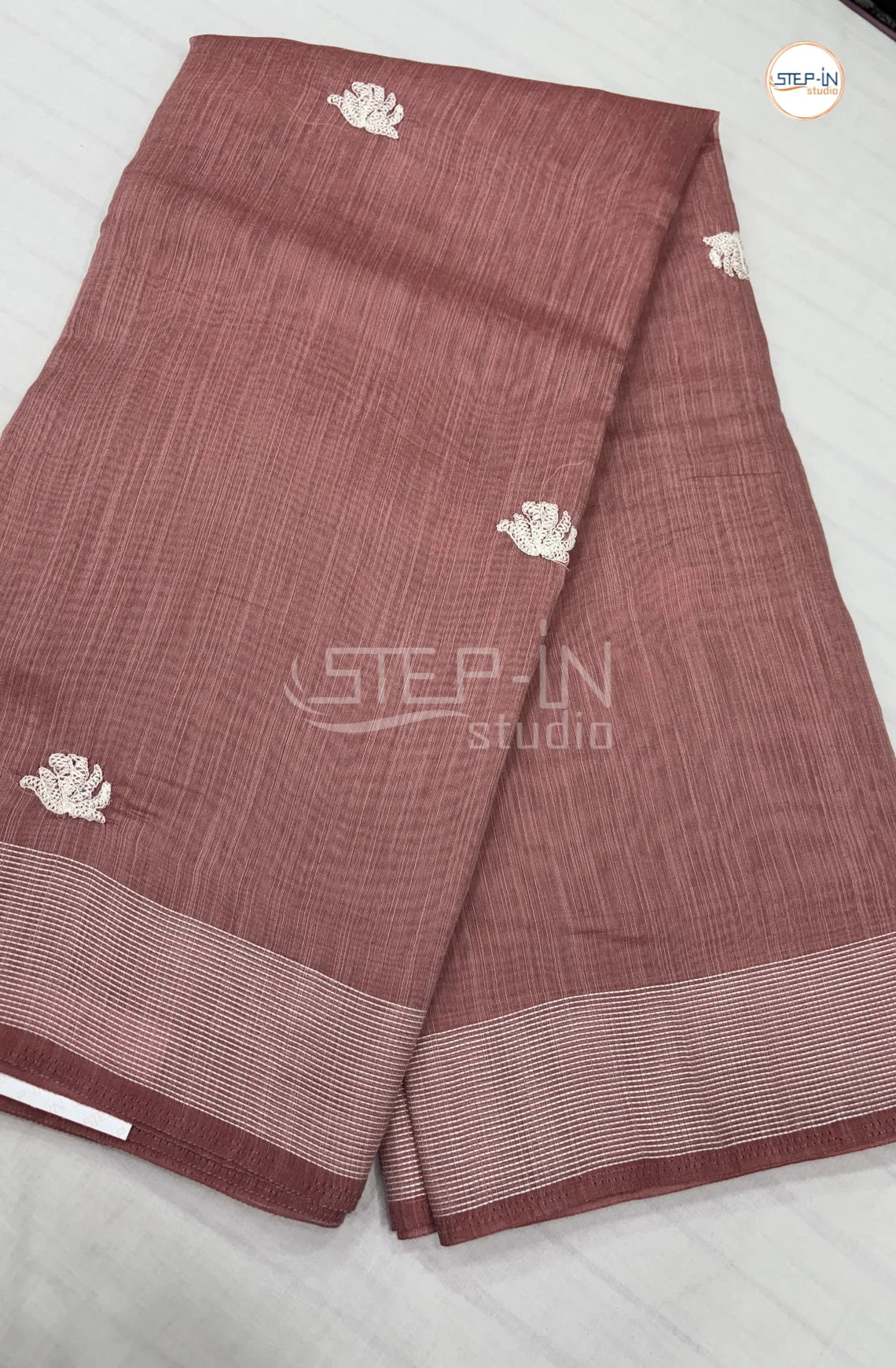 Embroidery Soft Linen Cotton Saree-Brown