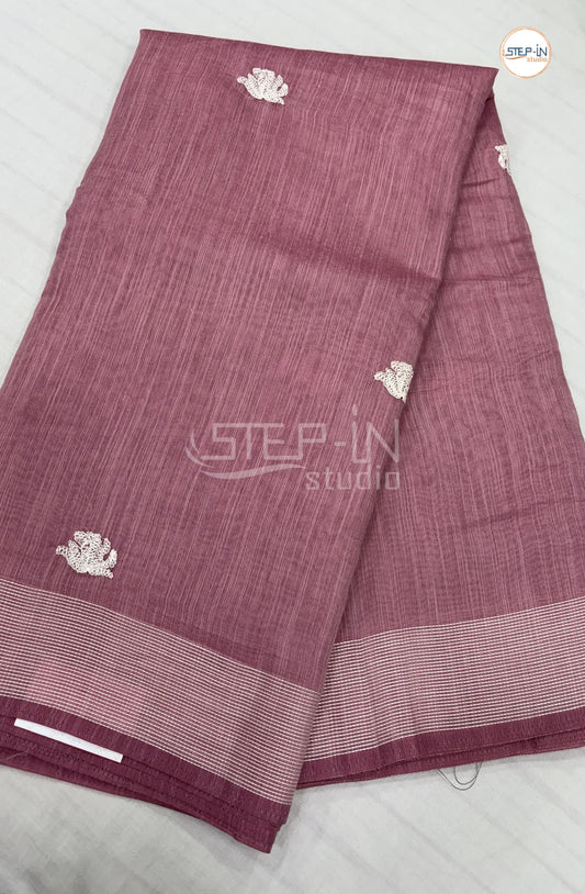 Embroidery Soft Linen Cotton Saree-Dark Pink
