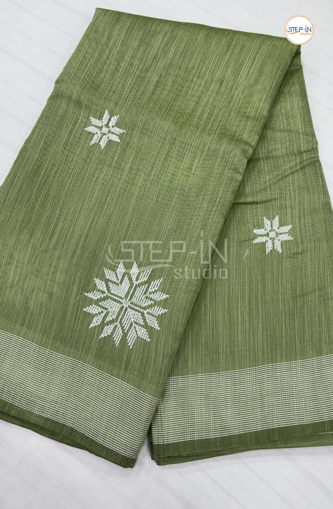 Embroidery Soft Linen Cotton Saree- Green