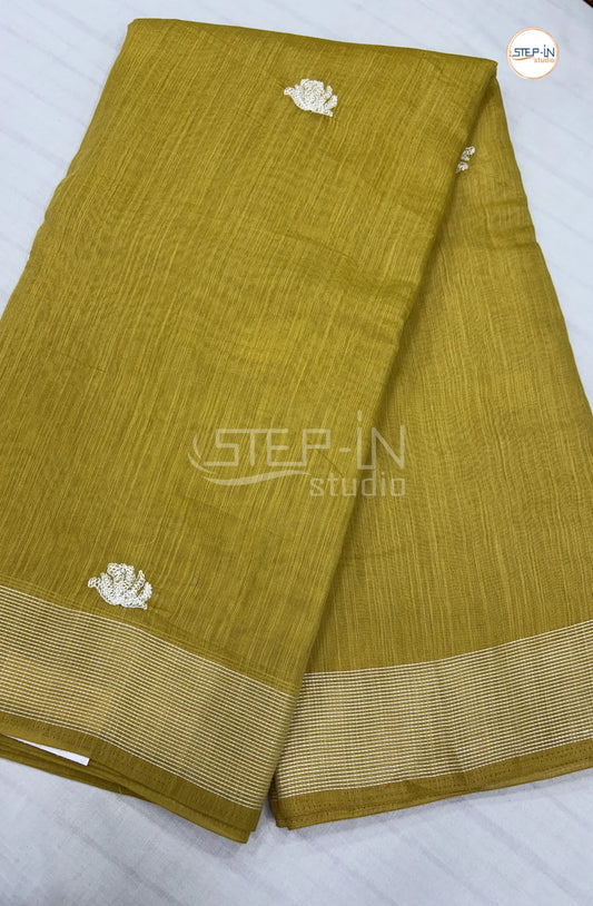 Embroidery Soft Linen Cotton Saree-Lime Green