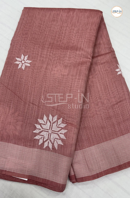 Embroidery Soft Linen Cotton Saree-Onion Pink