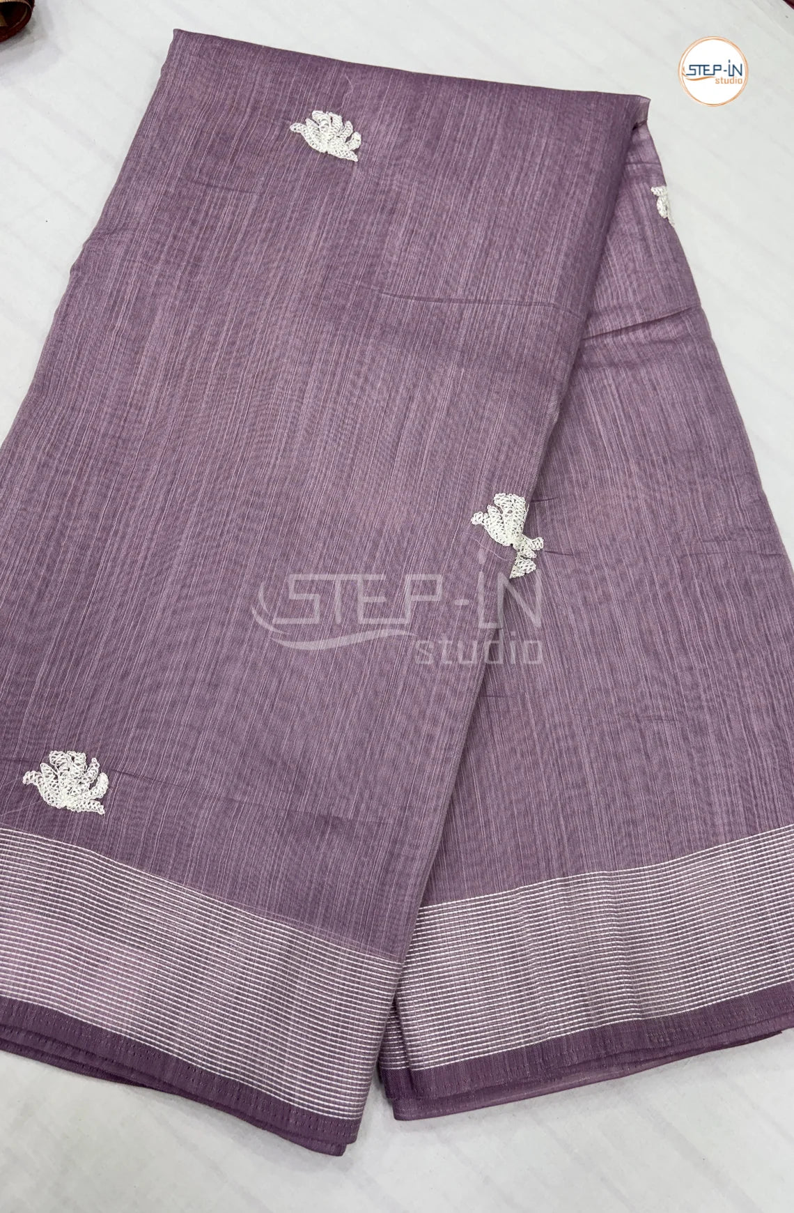 Embroidery Soft Linen Cotton Saree-Purple