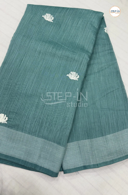 Embroidery Soft Linen Cotton Saree-Sea Blue