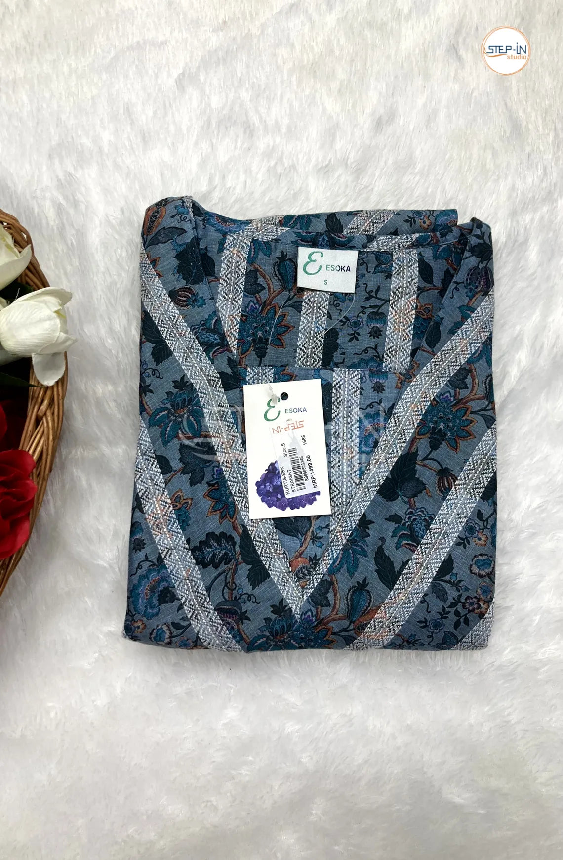 Floral Chevron & Flower Printed Top - Navy Blue