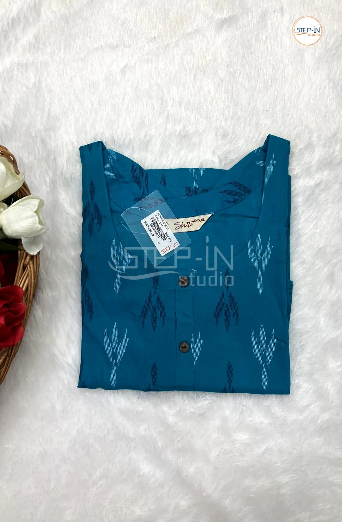 Floral Printed  Cotton Top - Dark Teal Blue