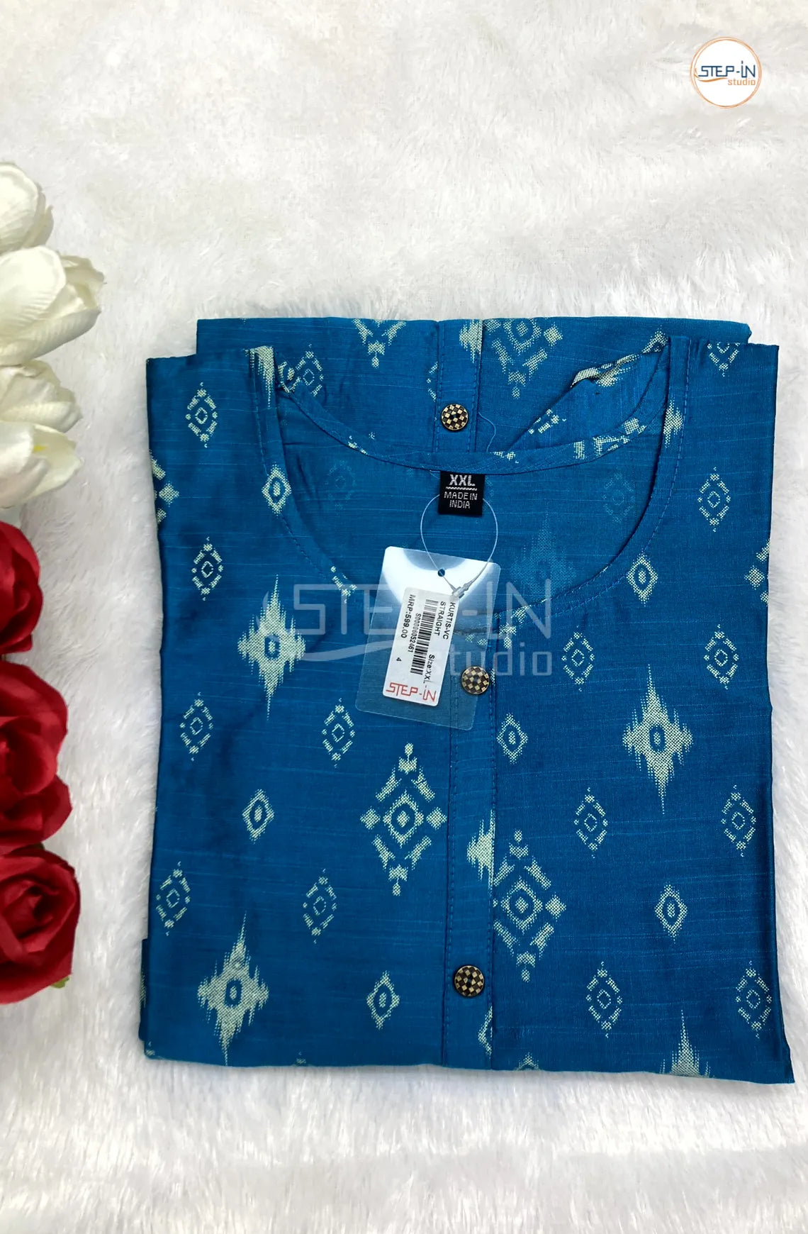 Floral Damask Printed Top -Dress Blue & White