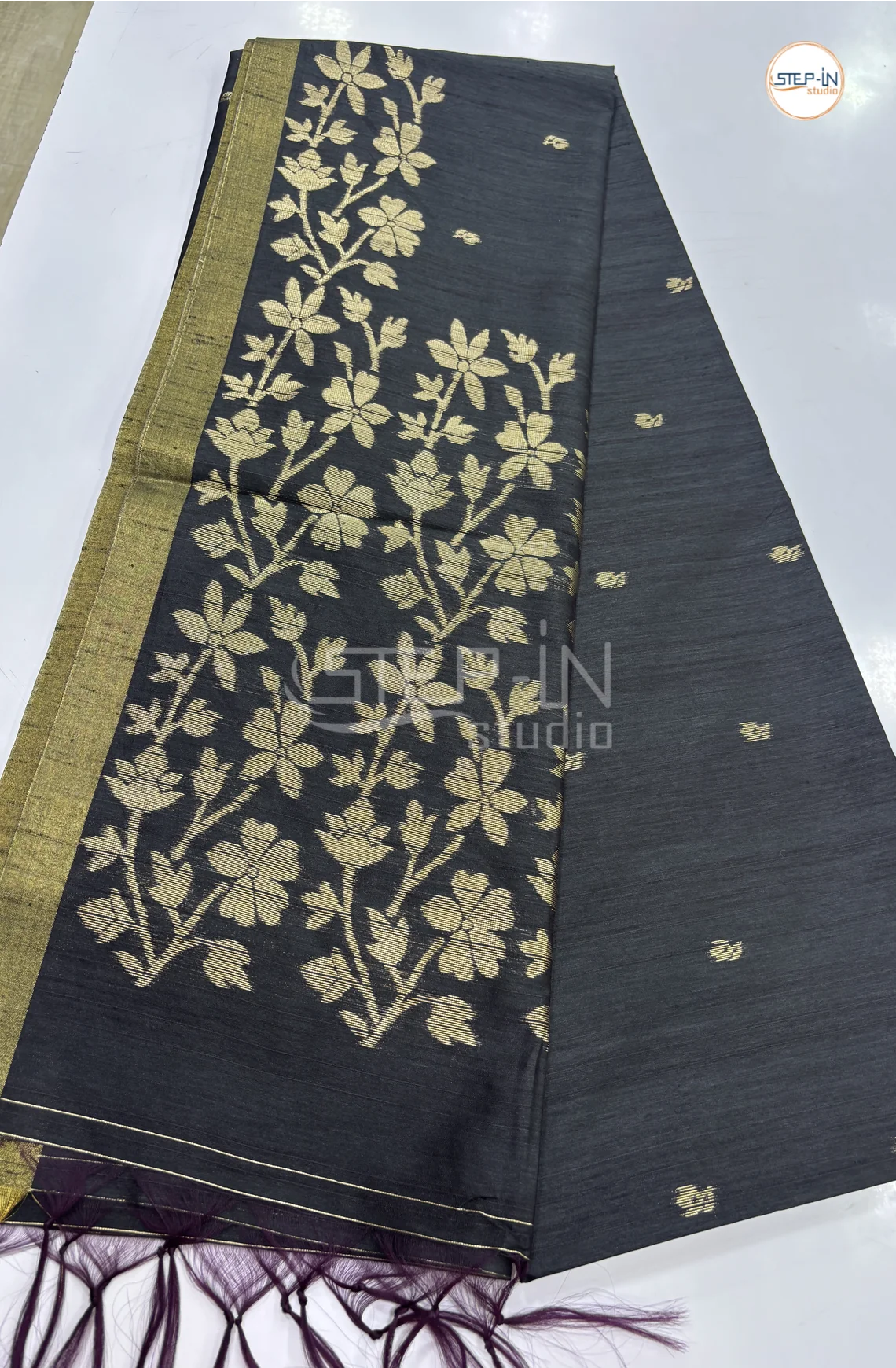Floral Design Raw Silk Saree -Black