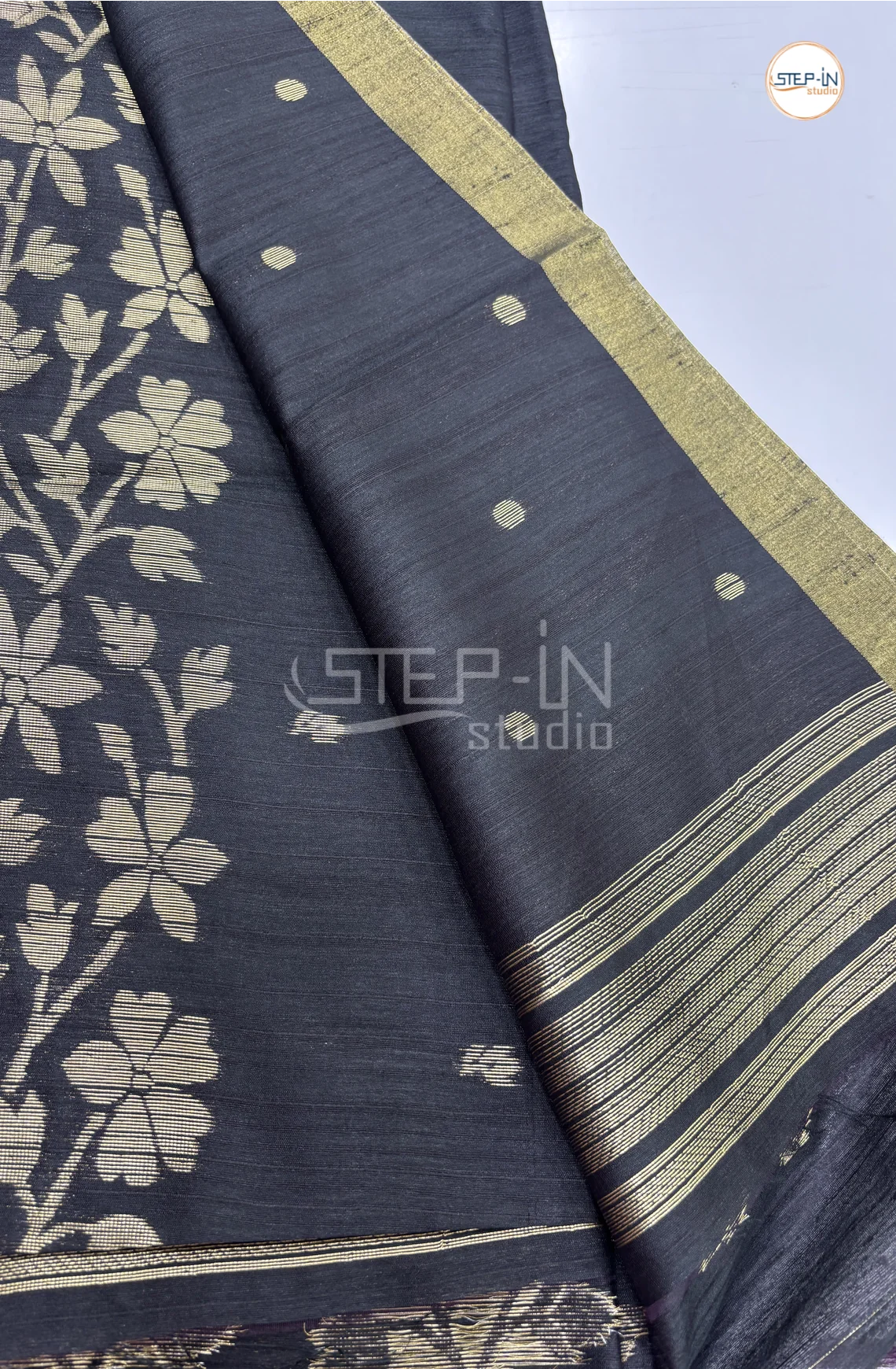 Floral Design Raw Silk Saree -Black