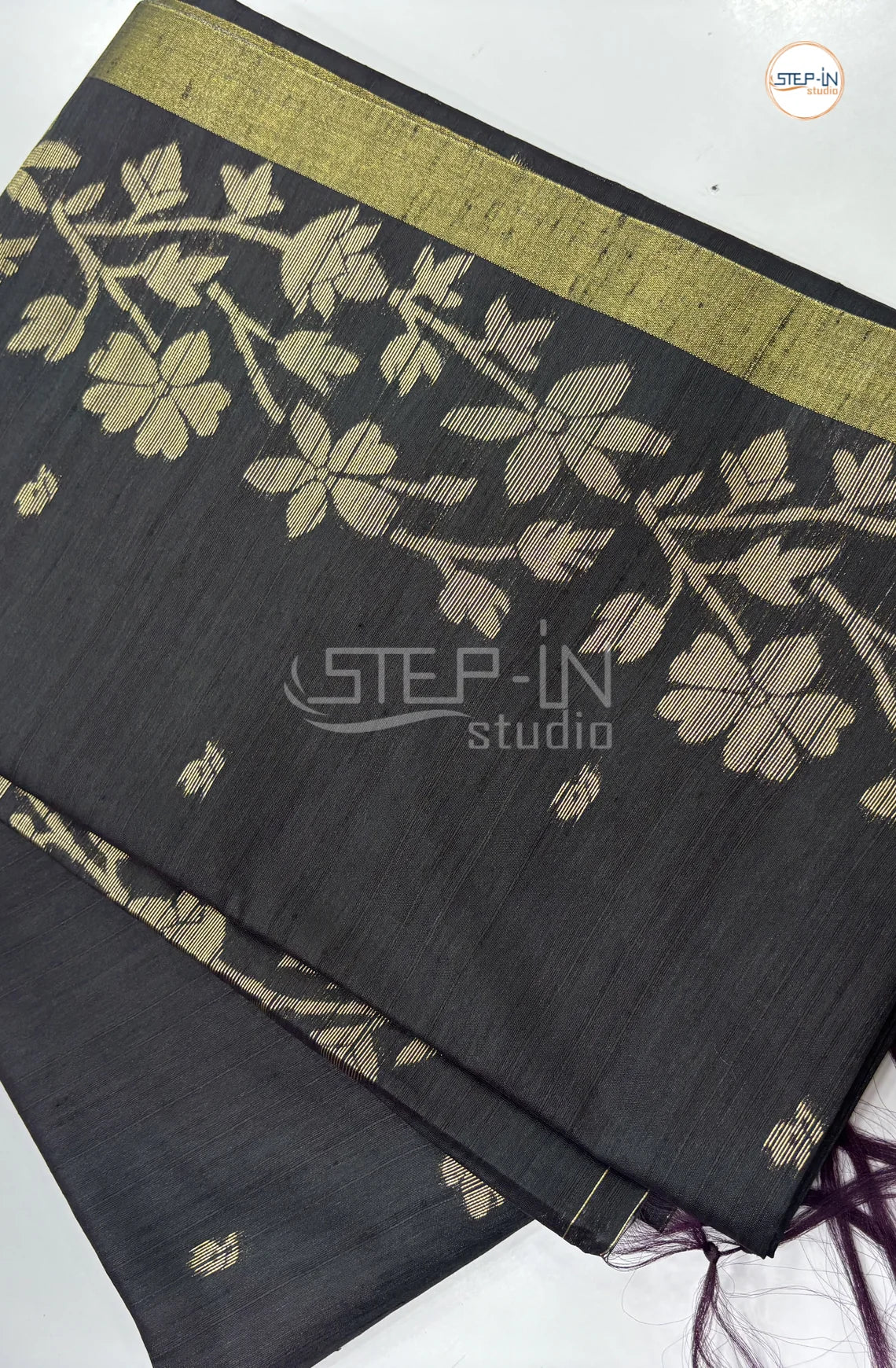 Floral Design Raw Silk Saree -Black