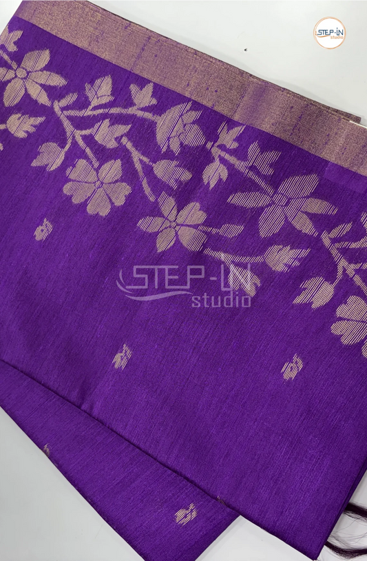 Floral Design Raw Silk Saree - Purple